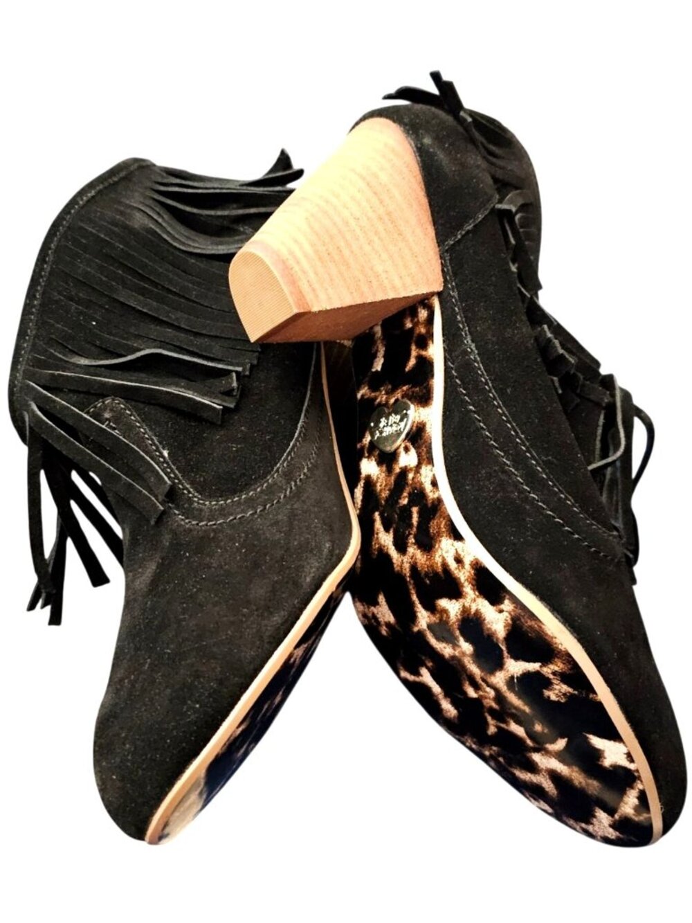 Black Suede Fringe Ankle Booties By Betsey Johnson Leopard Print Sole Chunky Hee